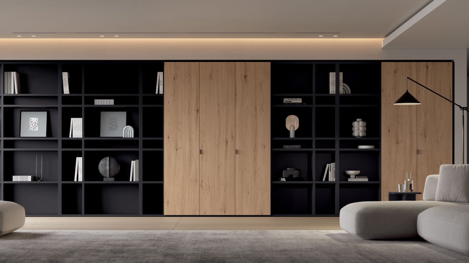 Large wall library with black shelves and wooden doors - a modern minimalist design