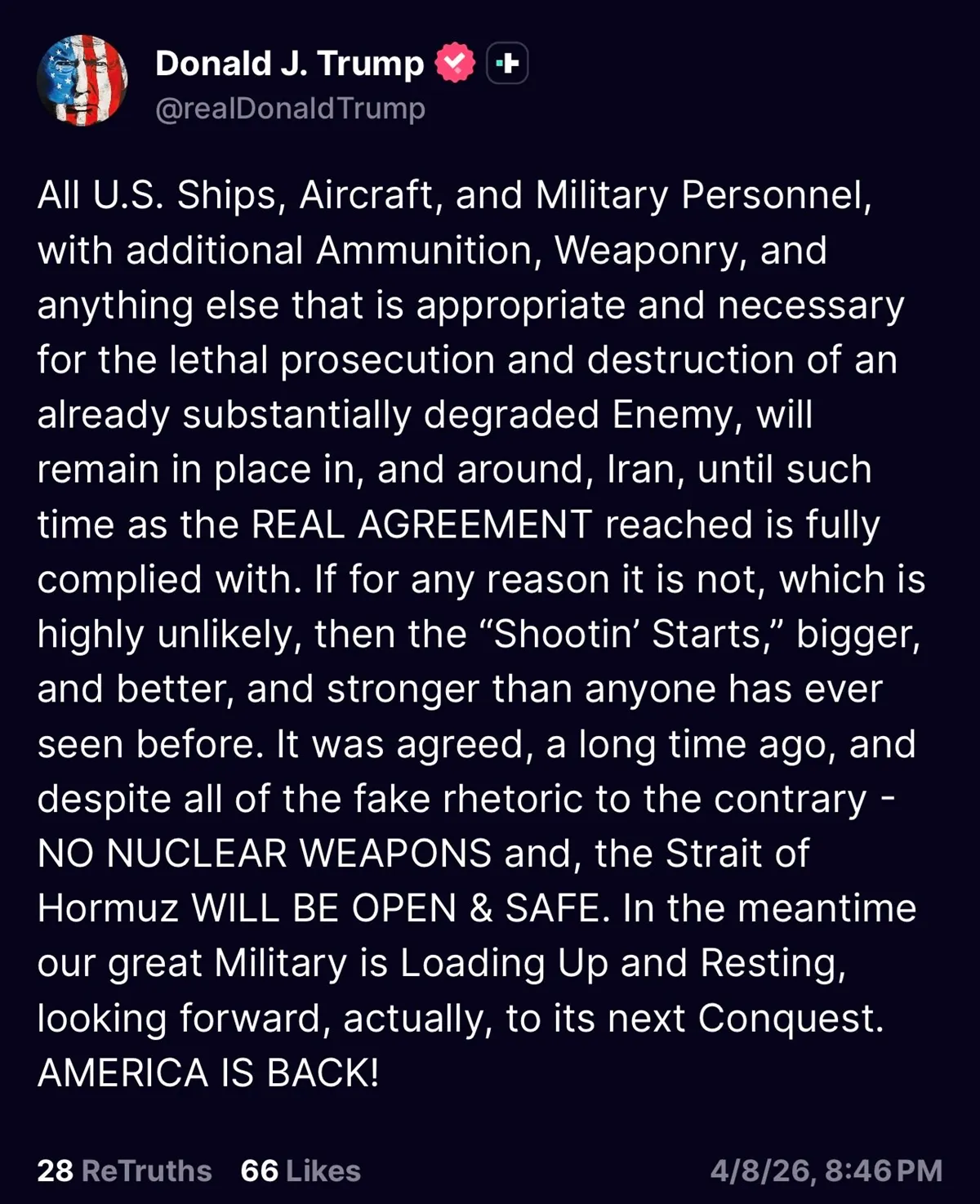 Трамп: Ако договорот не се спроведе, започнува пукање посилно од сè досега