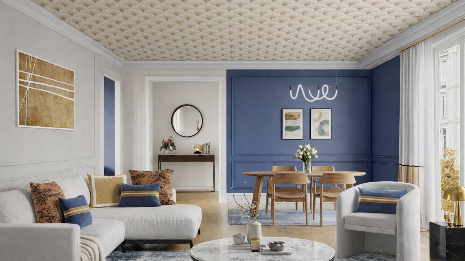 Geometric wallpaper on the ceiling for a statement effect