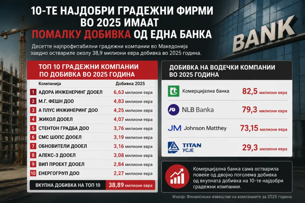 Десетте најпрофитабилни градежни компании за 2025 заработија помалку од една банка