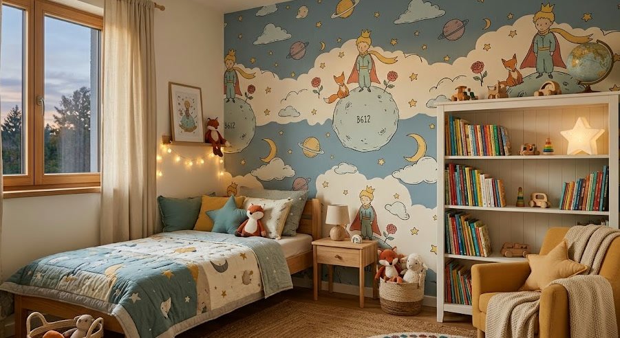 A children's room with wallpaper inspired by The Little Prince
