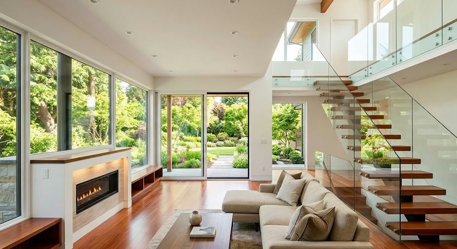 Interior of a family home with a warm wooden floor and glass railings
