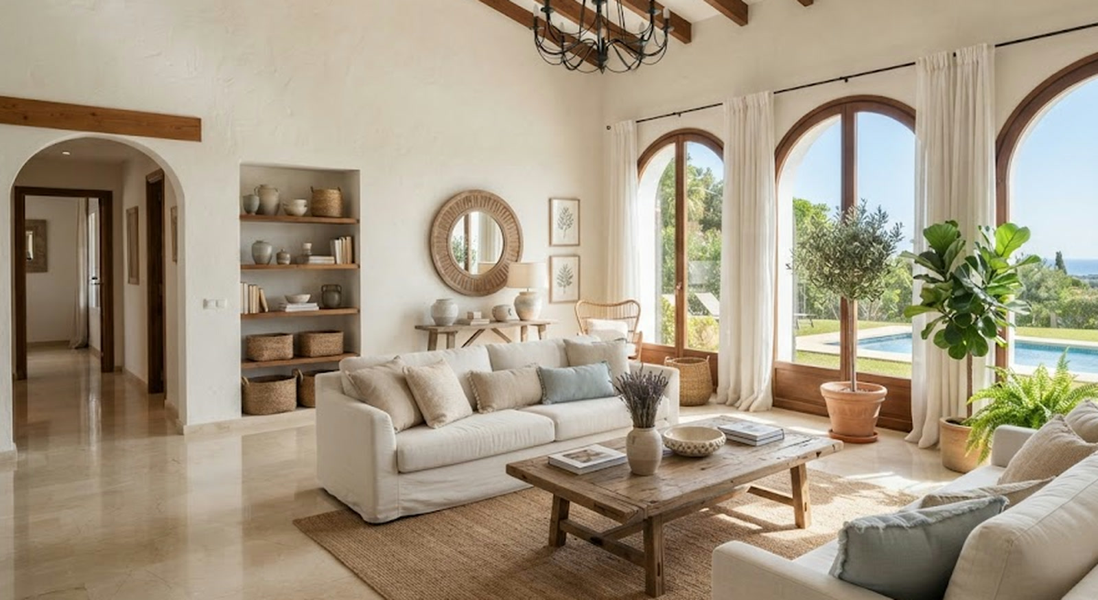 Interior of a Mediterranean villa with white seating and a marble floor
