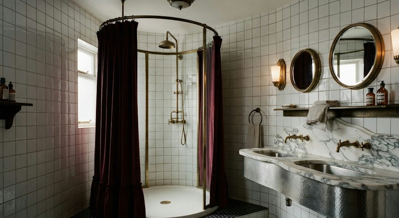 A circular shower with a curtain in a bathroom of vintage character