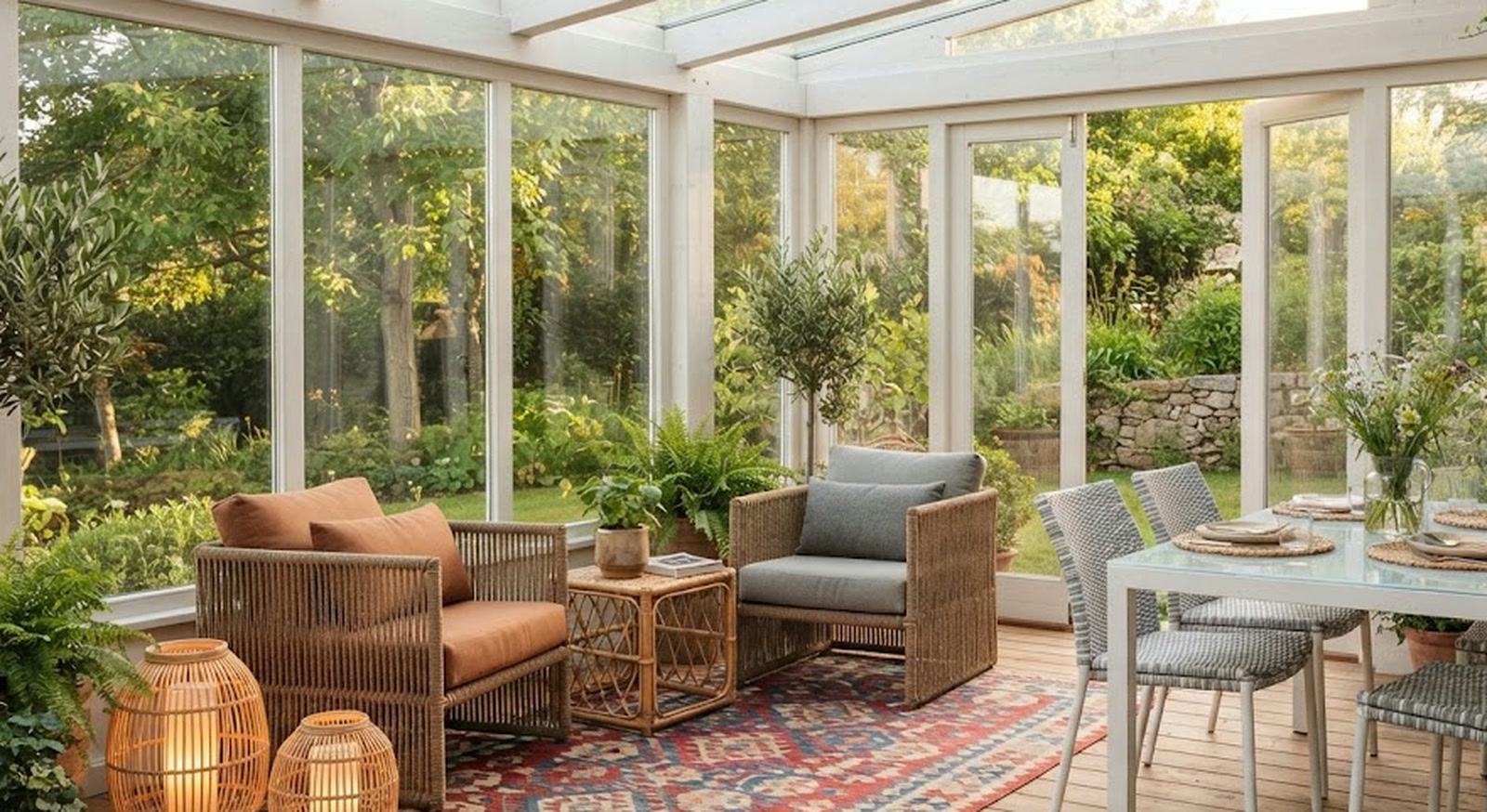 Verglaste Terrasse mit Flechtmöbeln und Kelimteppich